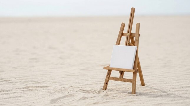 Creative Artistic Expression with a Blank Canvas Easel on a Sandy Beach Landscape