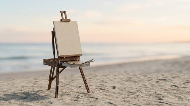Creative Art Easel with Blank Canvas Standing on a Sandy Beach at Sunset Viewpoint