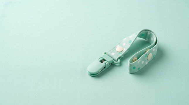 Mint green pacifier clip with polka dot pattern on a matching pastel background