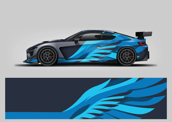Fototapeta premium Dynamic sports car wrap design vector template with abstract wing speed graphics in bright blue and cyan
