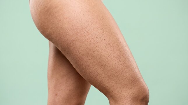 Close up of female thigh showing keratosis pilaris strawberry legs and skin texture