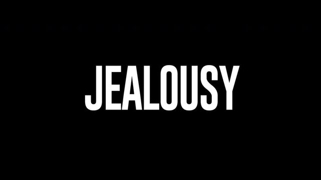 Jealousy typography text animation featuring a smooth zoom out reveal effect with a vibrant neon glowing outline on a solid dark black background video clip