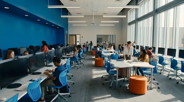 Students studying in modern computer lab