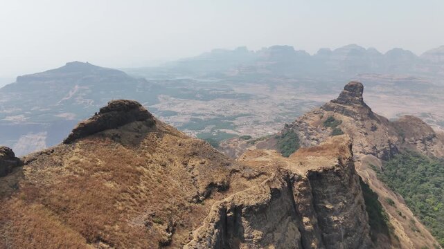 Ratangad fort summit ridge and pinnacle aerial Maharashtra India