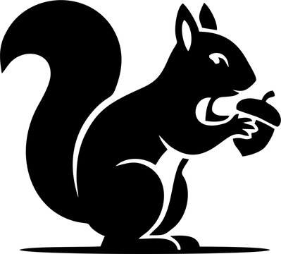 Black and white squirrel holding an acorn silhouette vector illustration isolated on white