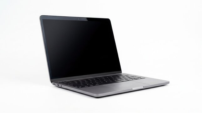 Laptop computer with a blank dark screen sits on a neutral surface to serve as a digital product mockup.