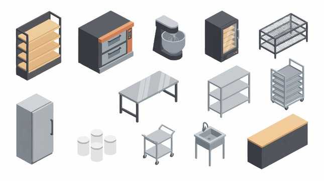 Isometric office furniture and storage units collection.