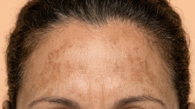 Close-up of female forehead showing melasma, hyperpigmentation, and uneven skin tone.