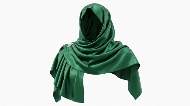 Elegant emerald green silk hijab draped gracefully over white background with displays glossy emerald draped elegantly headscarf accessory with material