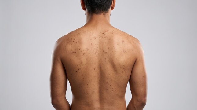 Close-up back view of a man exhibiting severe back acne and skin blemishes.