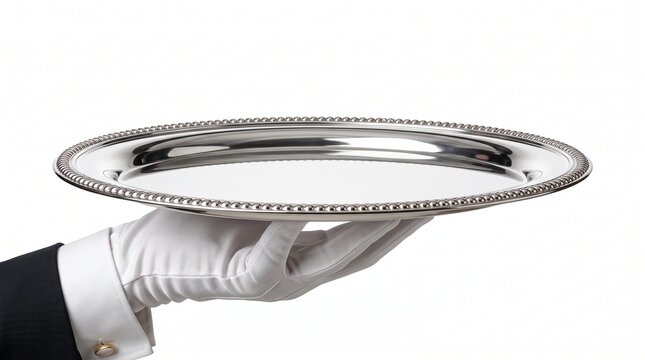 Gloved hand holding polished silver serving tray with decorative edge with presentation hospitality restaurant background silverware isolation
