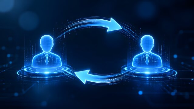 Digital human avatars connected by glowing blue circular arrows symbolizing employee knowledge transfer and business communication