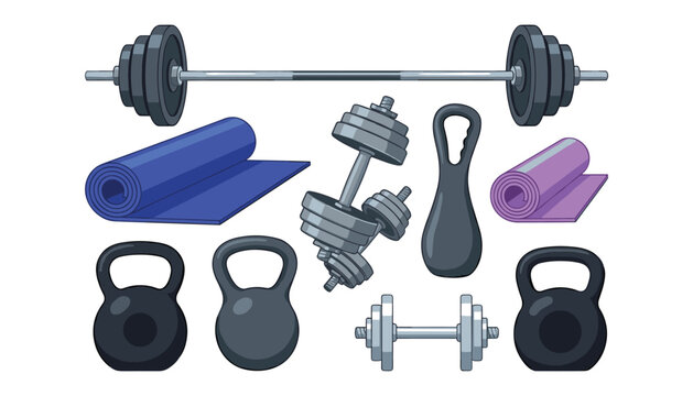 Fitness gym equipment vector set with heavy barbell dumbbells kettlebells and rolled yoga mats isolated on white background