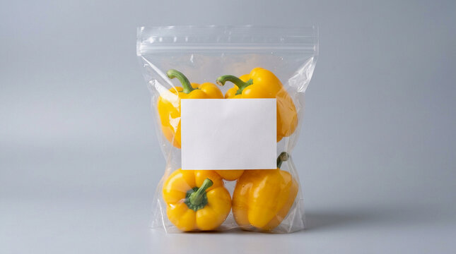 Yellow Bell Peppers in Clear Plastic Zip Bag with Blank Label Mockup for Grocery Retail and Food Storage Branding
