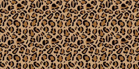 Golden tan leopard spot fur pattern banner background. Chic safari feline skin texture for stylish packaging wrap and wide home textile layout. © MDC