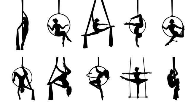Aerial arts and circus performer silhouettes.