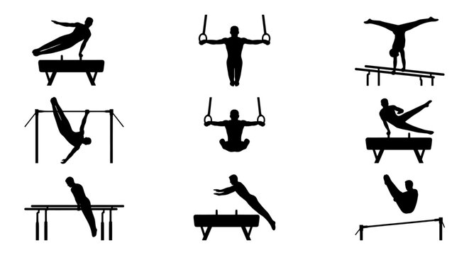 Artistic gymnastics apparatus silhouettes for male athletes.