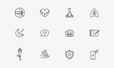 Fototapeta premium Editable wellness line icons for health, self-care, fitness, and printable vector designs.