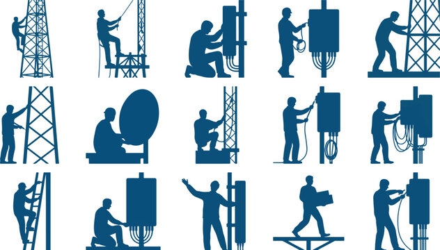 Silhouette collection of technical workers and network engineers performing maintenance with engineer technician construction maintenance silhouette