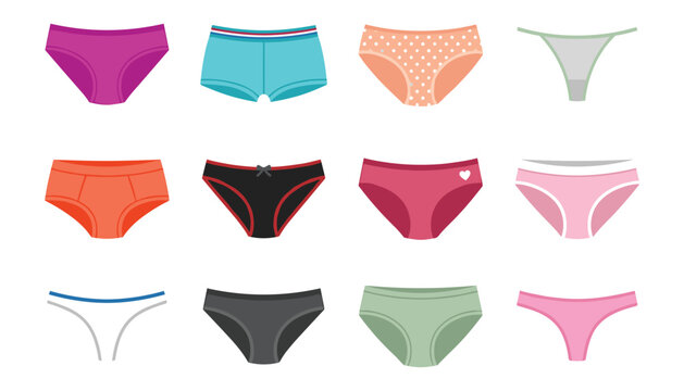 Comfortable womens underwear panties vector set with colorful briefs thongs boyshorts and lace lingerie isolated on white background