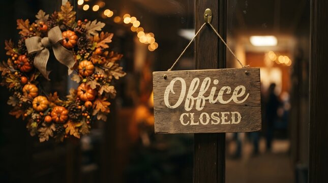 A wooden sign that reads office closed hanging on a door next to a festive autumn wreath