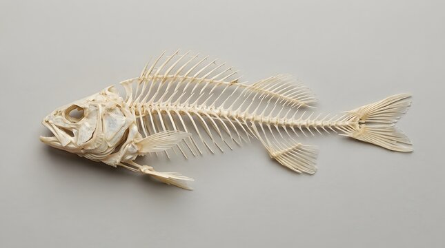 Full fish skeleton on a neutral gray background