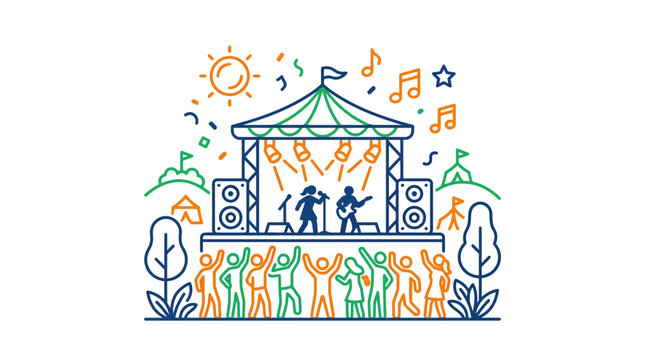 Outdoor music festival stage with crowd line art.