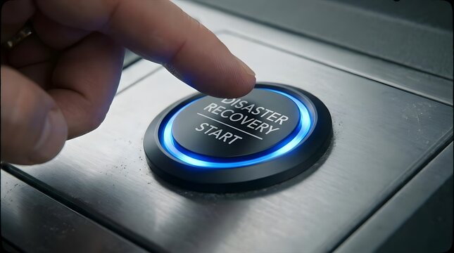 Finger pressing blue glowing disaster recovery button