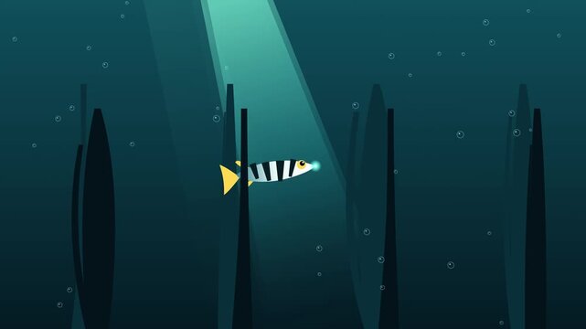 Animated deep sea fish with glowing light swimming through spires