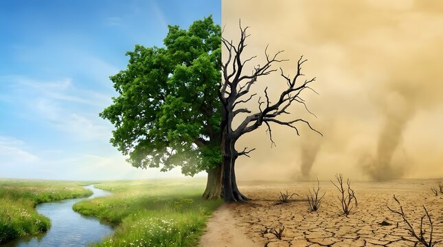 Green landscape and dry desert environment