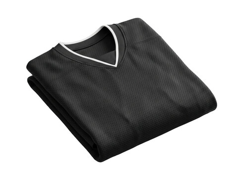 Black Folded Sports Jersey with White V-Neck Collar Mesh Fabric Texture on Black Background for Team Apparel Branding Mockup