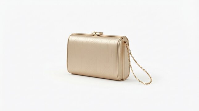 Elegant gold clutch bag with chain strap isolated on a clean white background for fashion and evening wear design