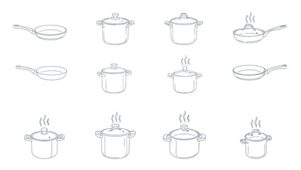 Obraz premium Minimalist line art icons of various kitchen pots and pans for cooking and food preparation