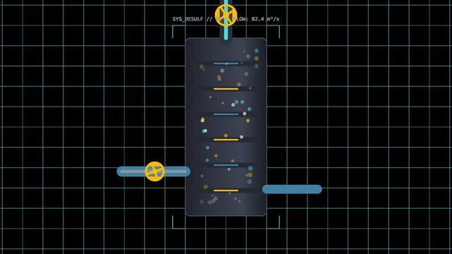 Flat vector animation of industrial desulfurization system showing fluid flow and particle separation in an engineering schematic.