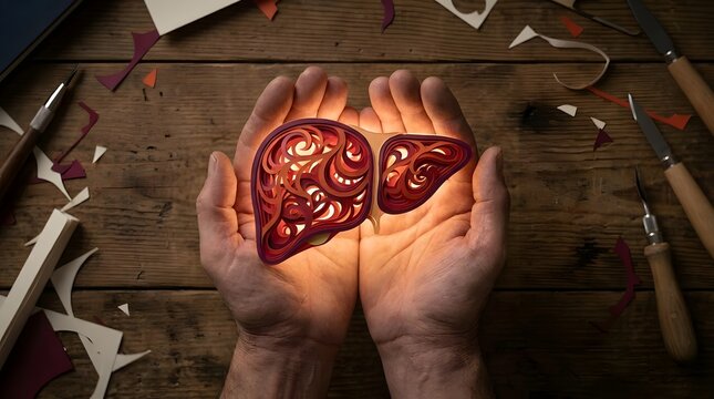 Hands holding glowing red liver model