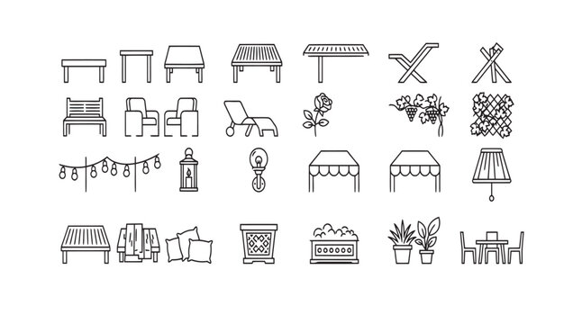 Set of outdoor furniture and garden decor line icons for patio design and backyard landscaping