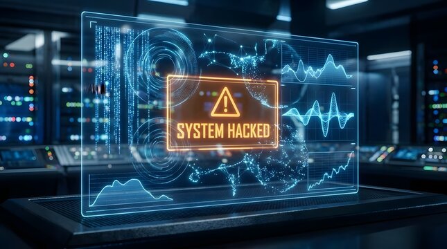 Holographic screen displaying system hacked warning in datacenter