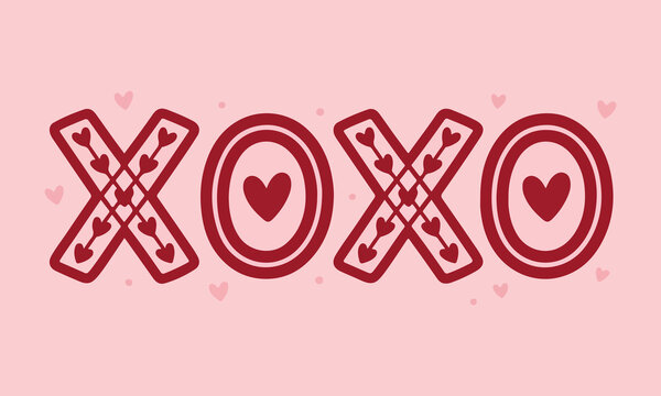 Decorative xoxo text with heart patterns for valentines day greeting cards and romantic love themed graphic designs
