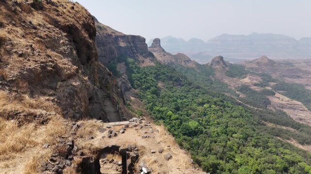 Ratangad fort gateway carved in the rock aerial Maharashtra India