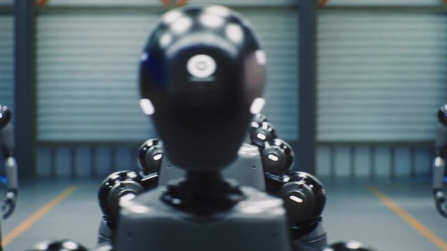 Humanoid Robots Standing in Formation Inside Futuristic Industrial Facility 4K