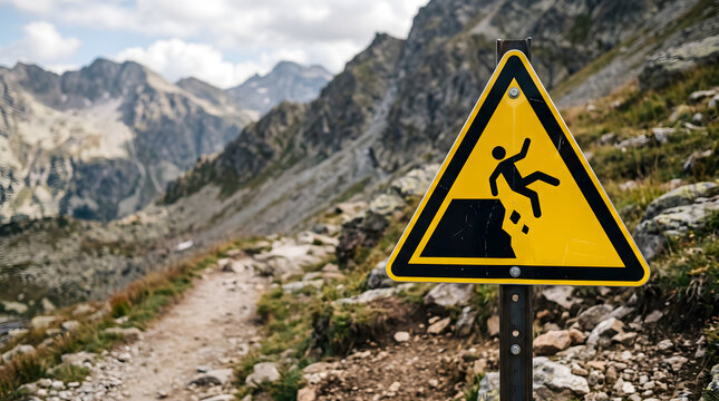 Yellow cliff edge danger warning sign with falling person symbol near hazardous mountain terrain