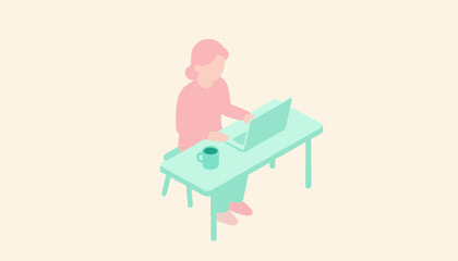 Fototapeta premium Minimalist isometric illustration featuring a person working on a laptop at a desk setup with displays isometric flat sitting desk using laptop cup placed