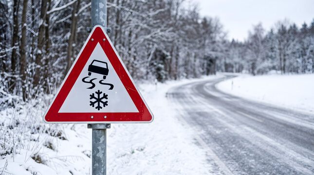 Winter icy road warning sign showing slippery conditions with snowflake and vehicle symbol