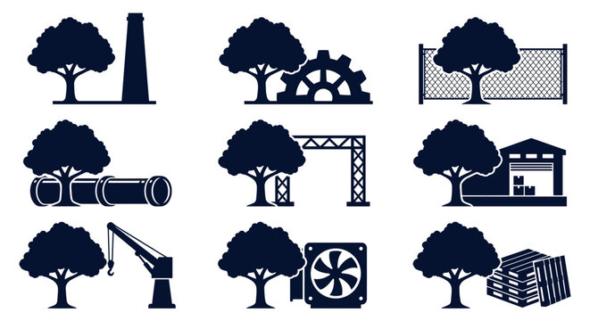 Tree silhouettes integrated with industrial and construction elements.