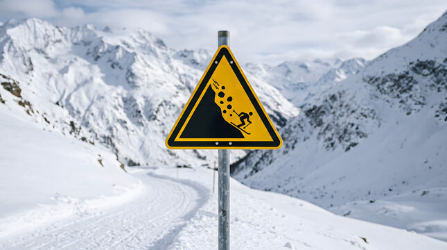 Yellow avalanche warning sign with skier and falling snow symbol in snowy mountain environment