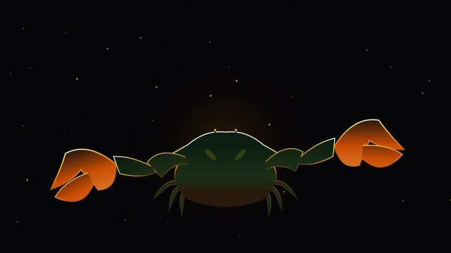 Animated crab snapping orange claws in a dark void