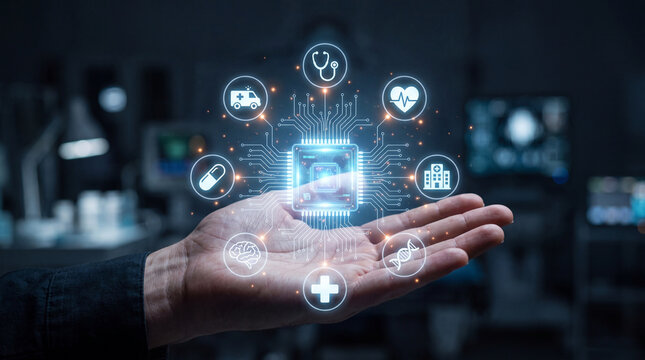Hand palm hologram chip artificial intelligence medical health technology digital