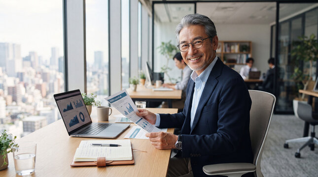Senior business consultant in office with laptop, chart, and smile, working near city window