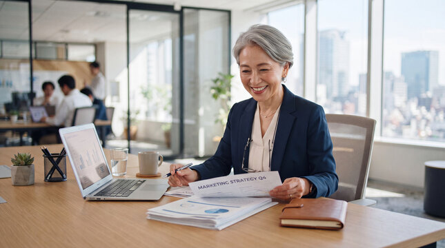 Senior business consultant smiling in modern office with laptop and marketing report near window