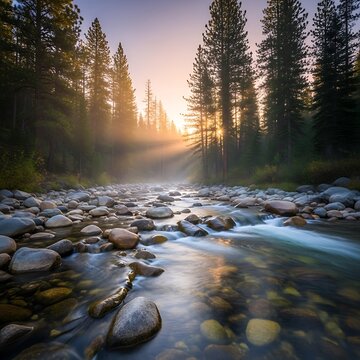 Golden sunset over tranquil mountain stream with rocks.